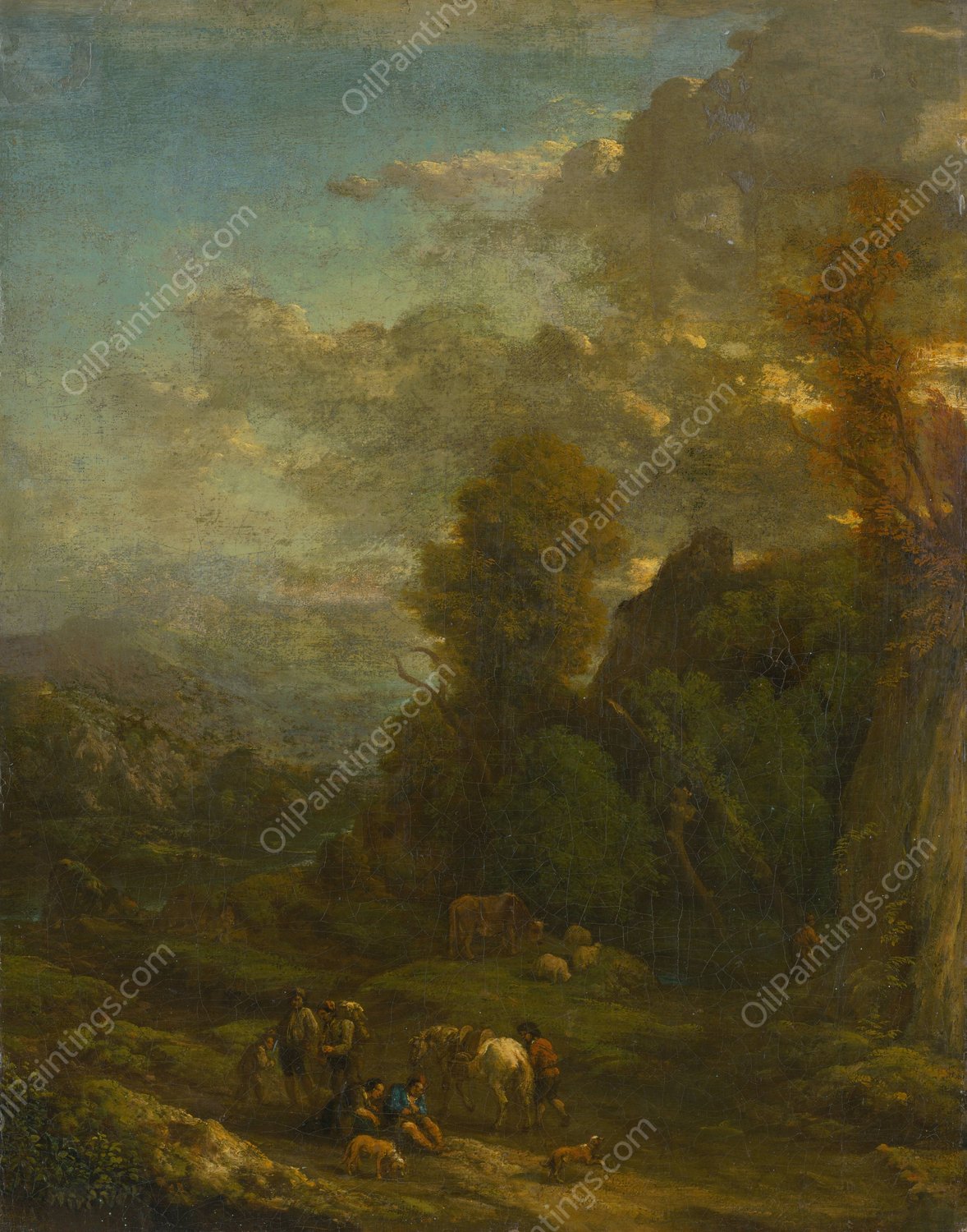Evening Landscape With Travellers  by Cornelis Huysmans - Hand-Painted Oil Painting Reproduction