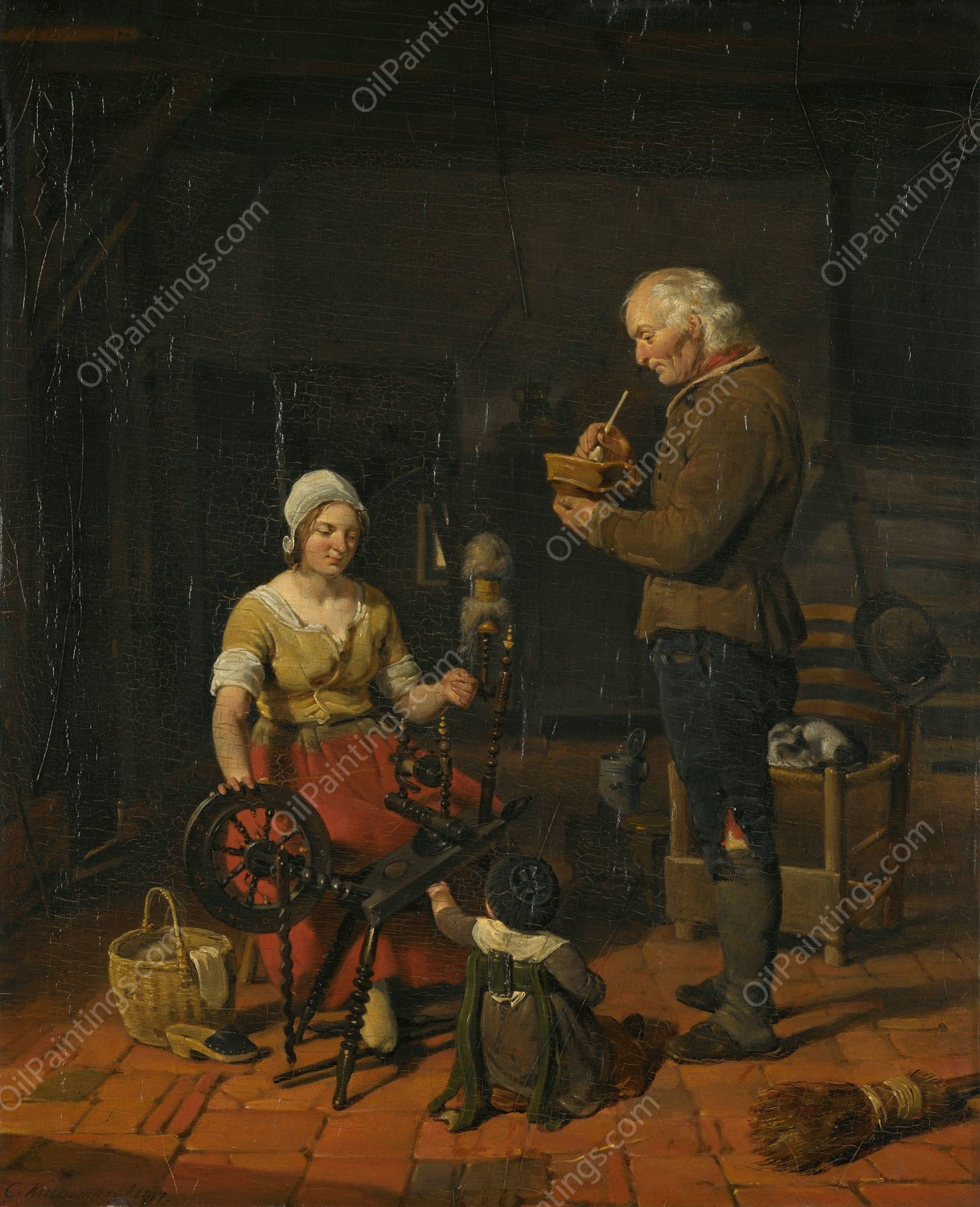 Peasant Family in their Cottage  by Cornelis Kruseman - Hand-Painted Oil Painting Reproduction