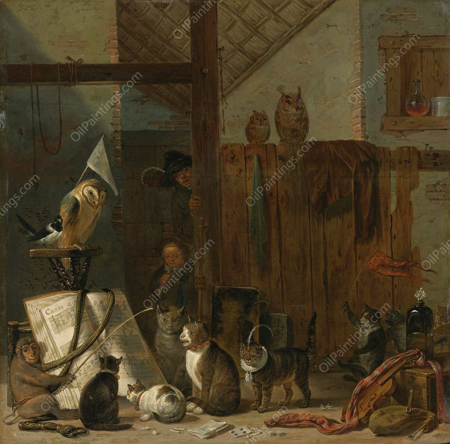 A Concert Of Cats, Owls, A Magpie, And A Monkey In A Barn by Cornelis Saftleven - Hand-Painted Oil Painting Reproduction