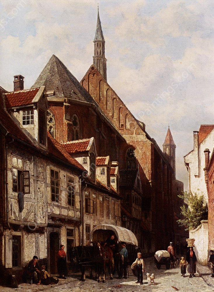 A Busy Street In Bremen With The Saint Johann Church In The Background by Cornelis Springer - Hand-Painted Oil Painting Reproduction