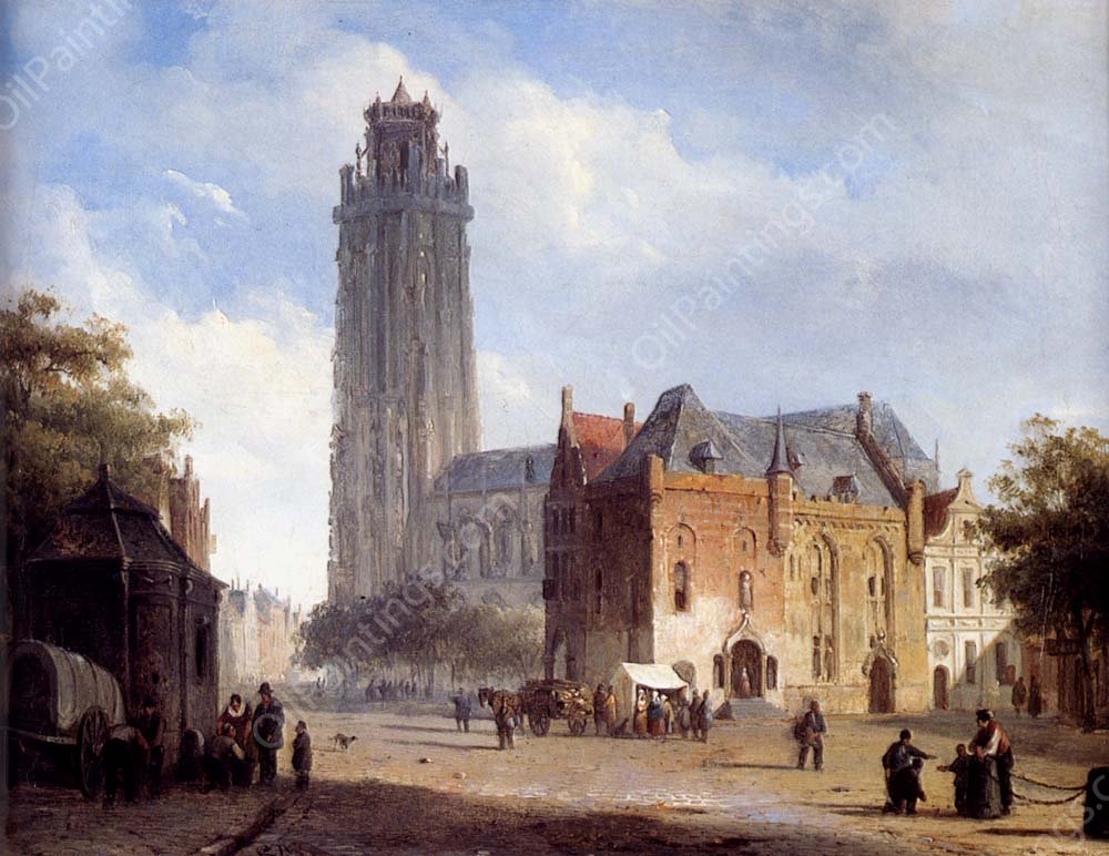 A Cathedral On A Townsquare In Summer by Cornelis Springer - Hand-Painted Oil Painting Reproduction