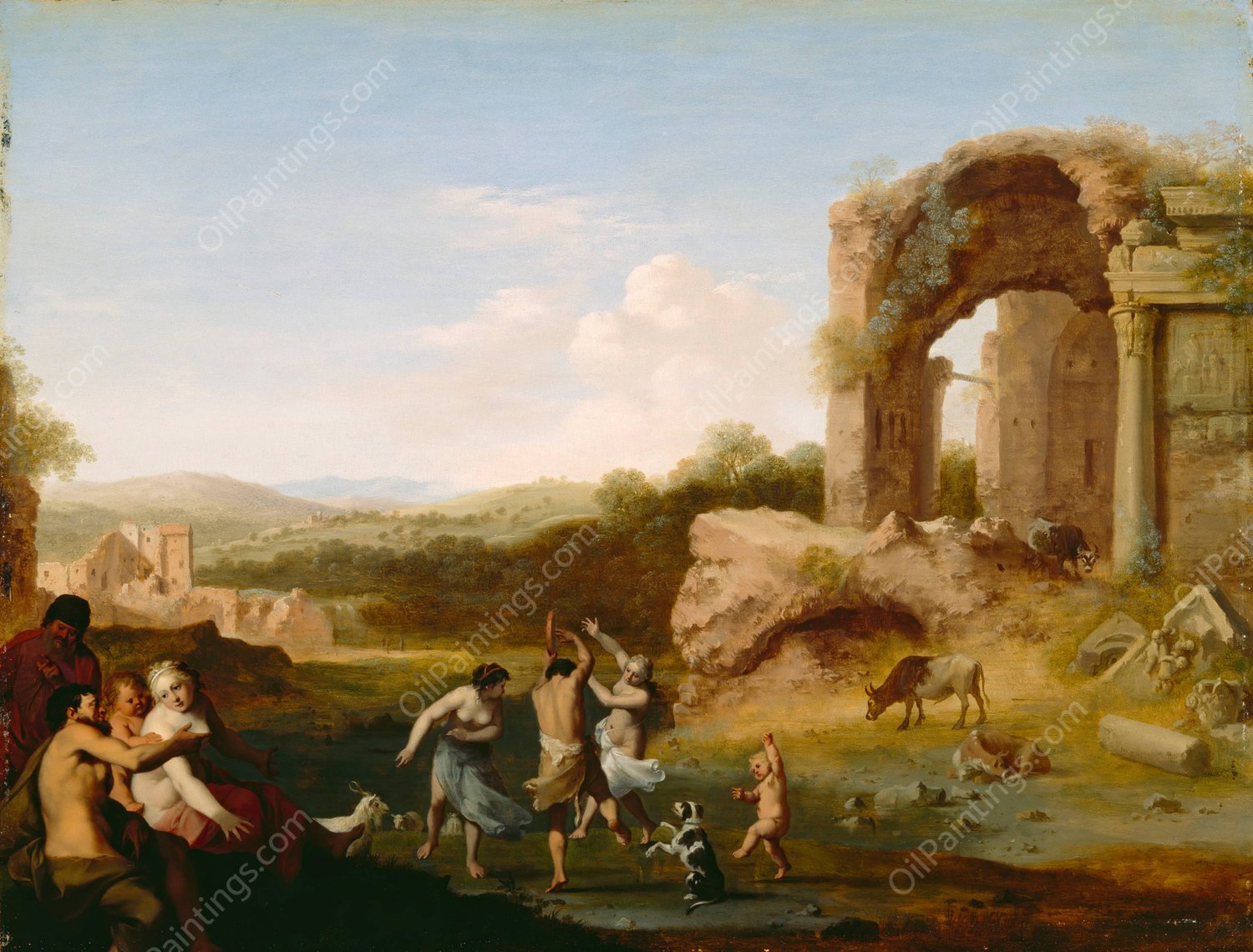 Figures Dancing near a Ruin  by Cornelis Van Poelenburch - Hand-Painted Oil Painting Reproduction
