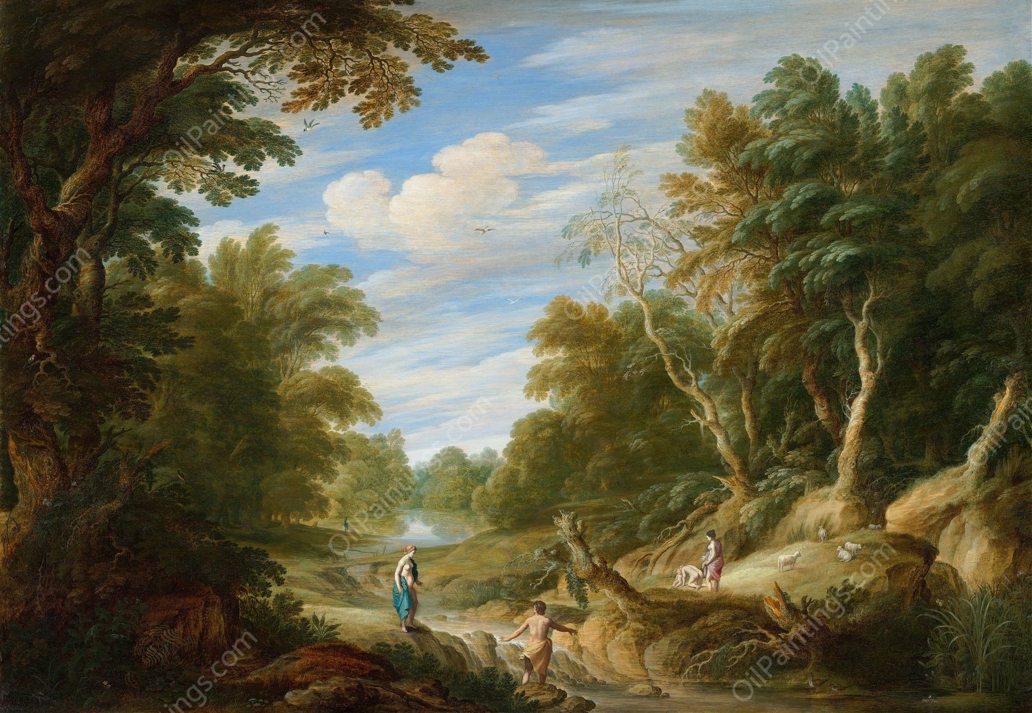 Wooded Landscape with Figures  by Cornelis Van Poelenburch - Hand-Painted Oil Painting Reproduction