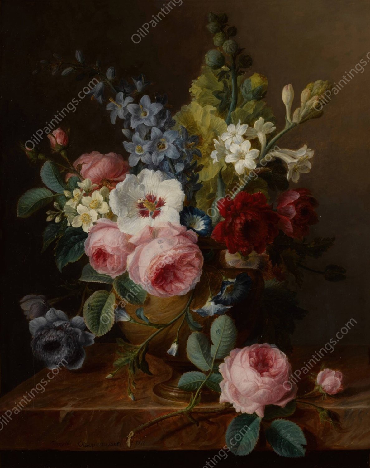 Still life of flowers in a vase on a marble ledge, including roses, hibiscus, bellflowers, hollyhocks, and anenomes by Cornelis Van Spaendonck - Hand-Painted Oil Painting Reproduction