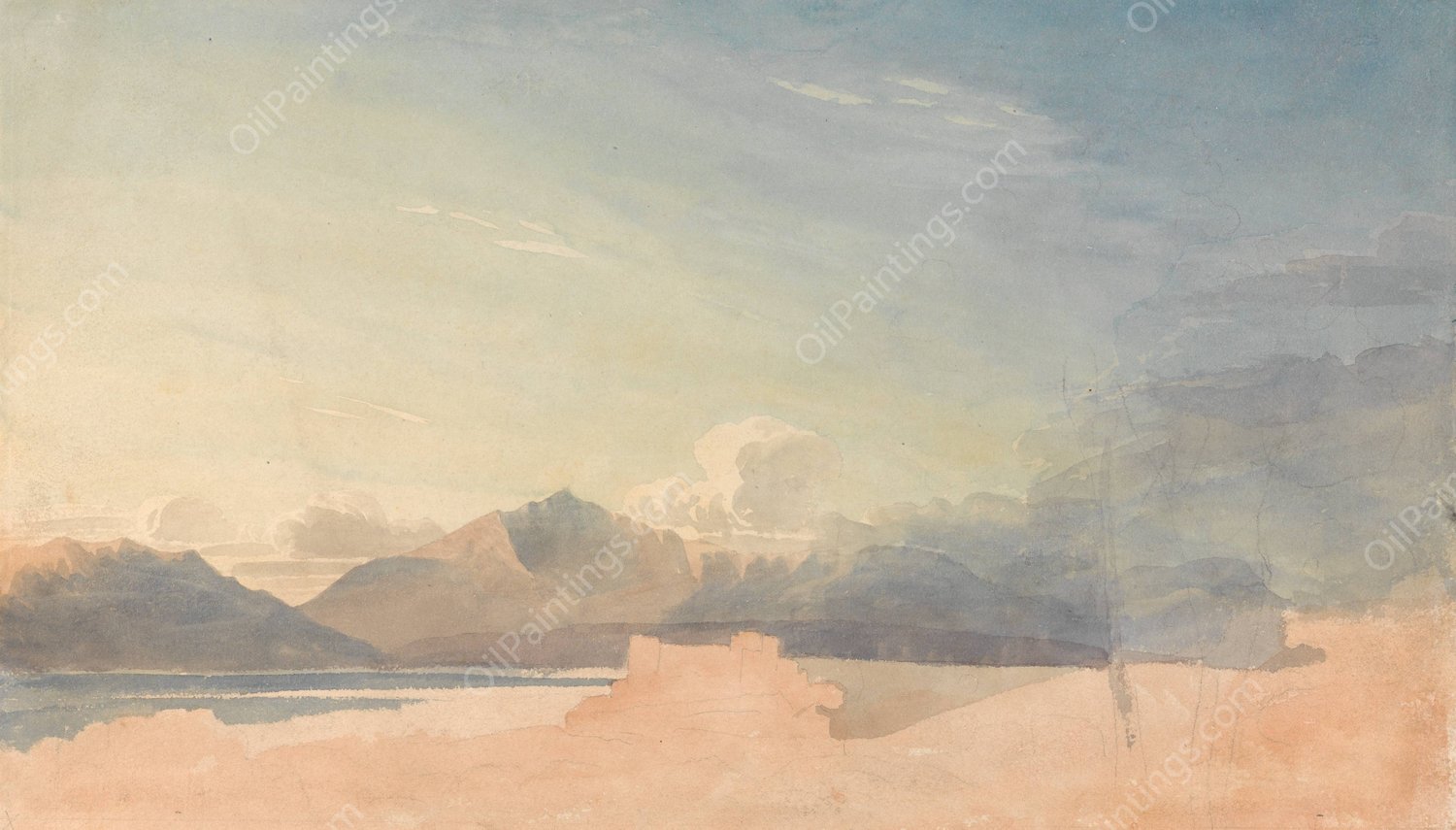 Study near Harlech Castle by Cornelius Varley - Hand-Painted Oil Painting Reproduction