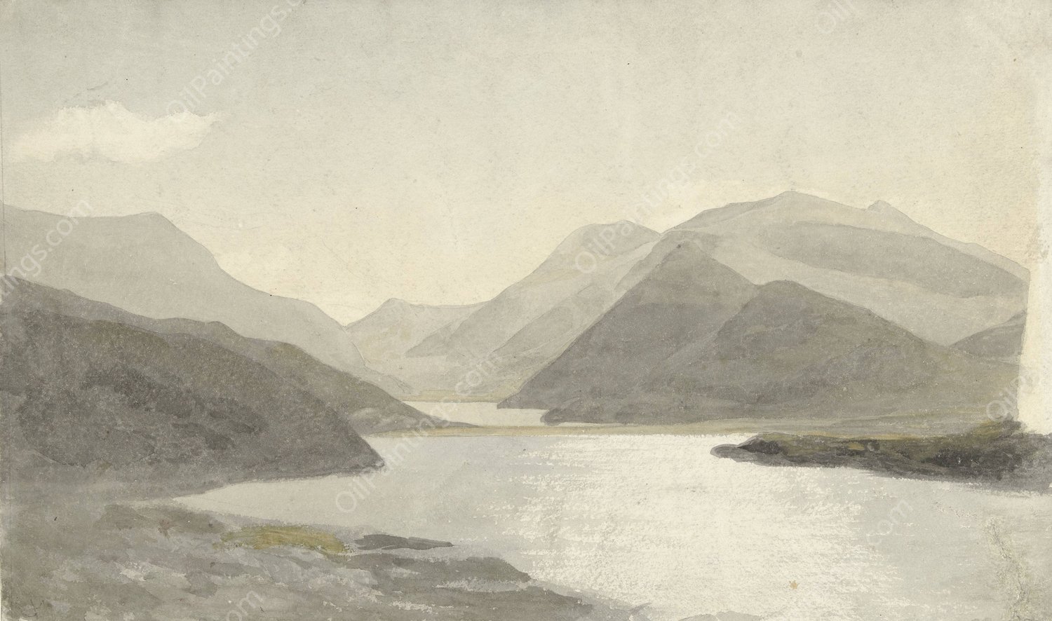 Sunlight over a Lake near Snowdon, Llanberis, North Wales  by Cornelius Varley - Hand-Painted Oil Painting Reproduction