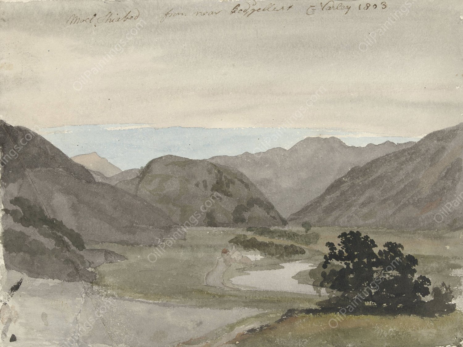 View of Moel Siabod from Beddgelert, North Wales  by Cornelius Varley - Hand-Painted Oil Painting Reproduction