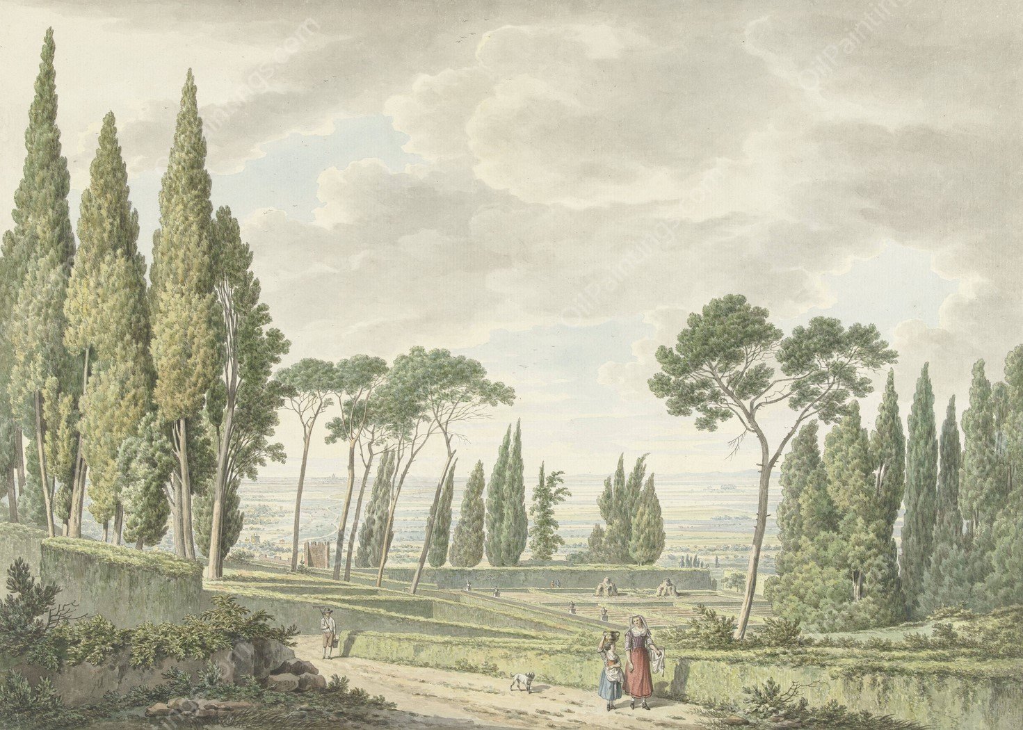 View of the terraces of the Villa d'Este in Tivoli  by Daniel Dupre - Hand-Painted Oil Painting Reproduction