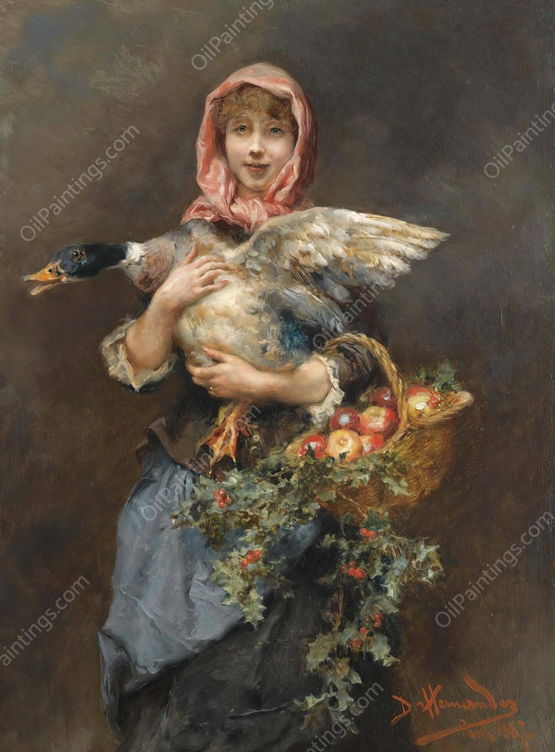 Muchacha Con pato  by Daniel Hernandez Morillo - Hand-Painted Oil Painting Reproduction