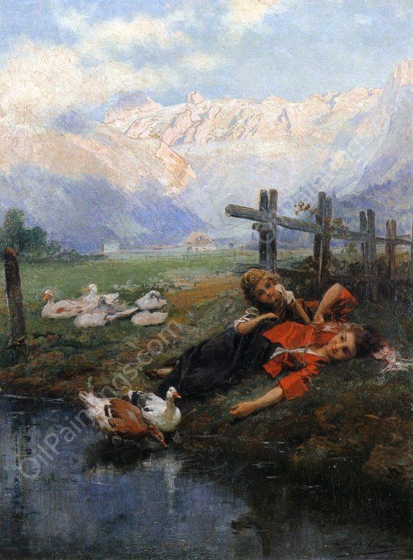 Children and Geese by a Pond by Daniel Hernandez - Hand-Painted Oil Painting Reproduction