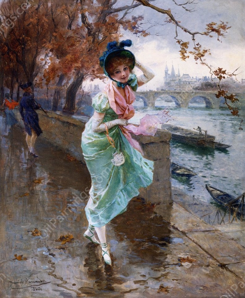 Elegant Lady on the Quay of Paris by Daniel Hernandez - Hand-Painted Oil Painting Reproduction