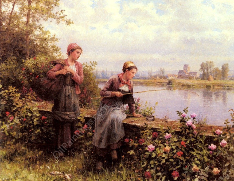 Maria And Madeleine Fishing by Daniel Ridgway Knight - Hand-Painted Oil Painting Reproduction