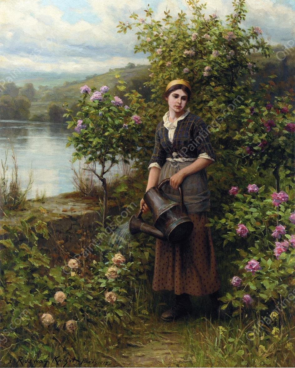 Watering the Garden by Daniel Ridgway Knight - Hand-Painted Oil Painting Reproduction