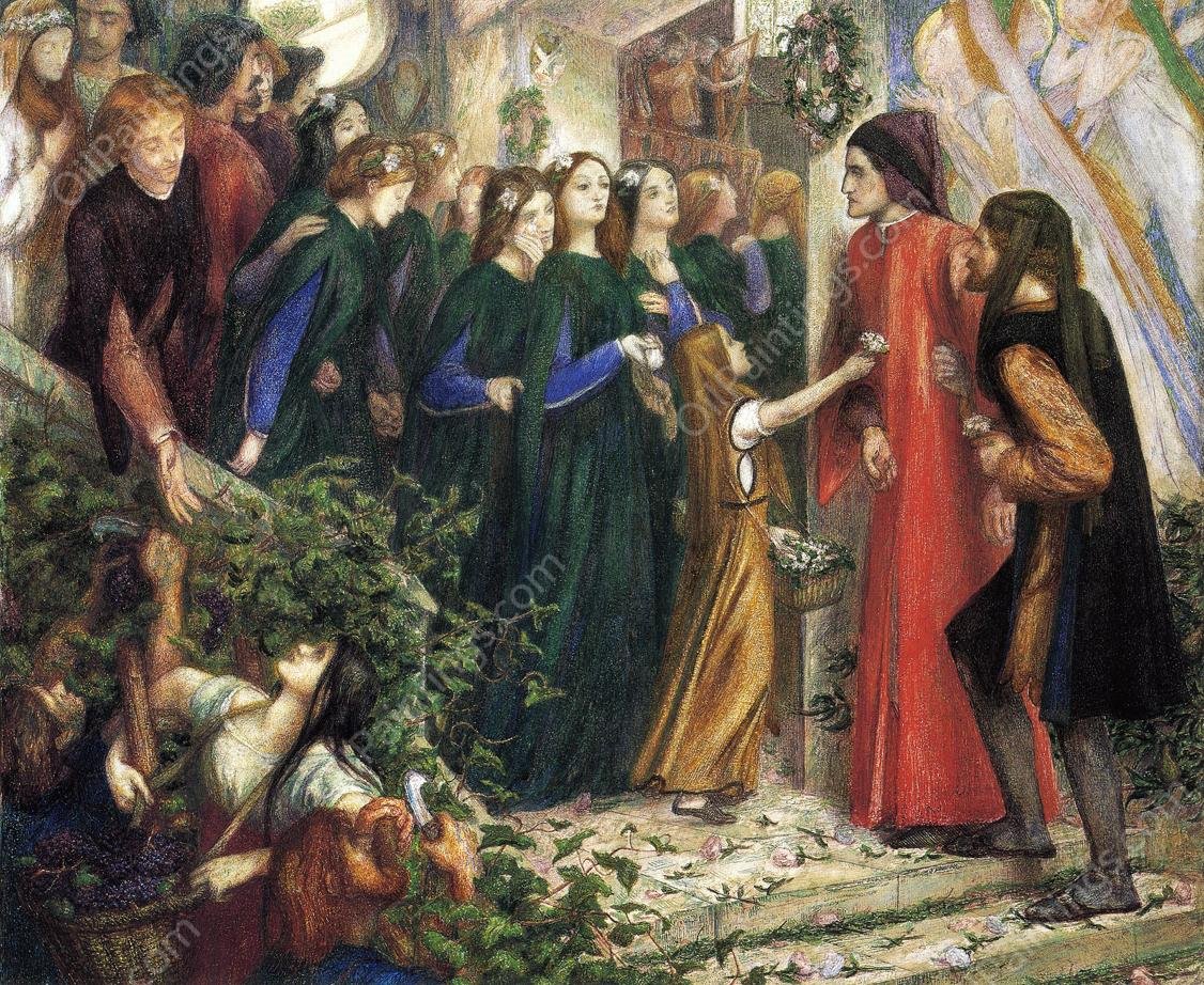 Beatrice, Meeting Dante at a Wedding Feast, Denies Him Her Salutation by Dante Gabriel Rossetti - Hand-Painted Oil Painting Reproduction