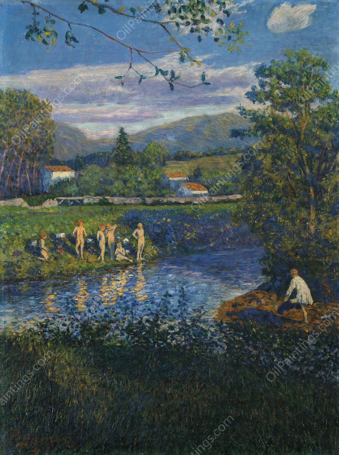 Bathing in Renteria  by Dario De Regoyos - Hand-Painted Oil Painting Reproduction