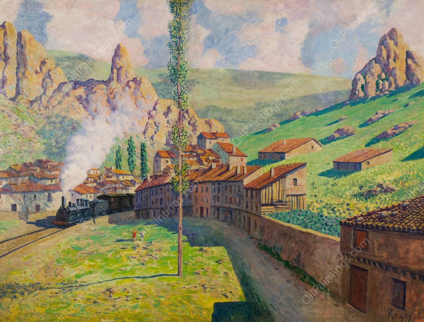 Pancorbo: Passing Train  by Dario De Regoyos - Hand-Painted Oil Painting Reproduction