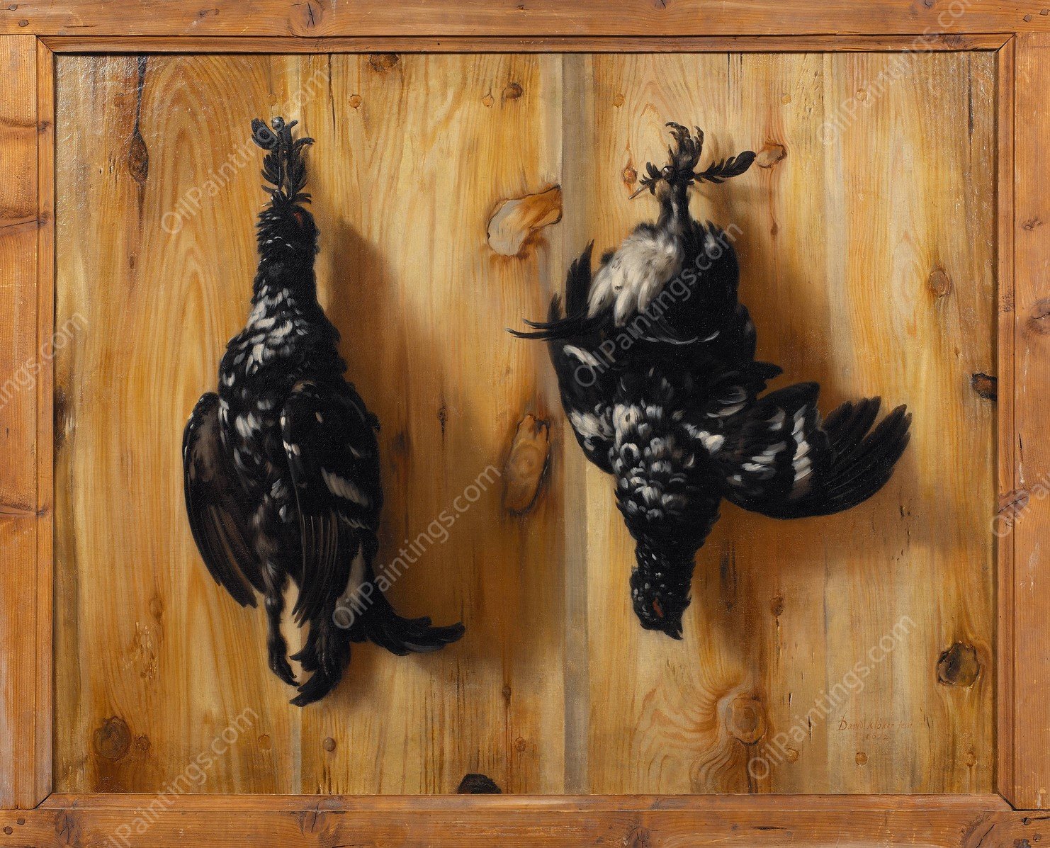 Stilleben med tva orrtuppar mot en bradvagg  by David Klocker Ehrenstrahl - Hand-Painted Oil Painting Reproduction