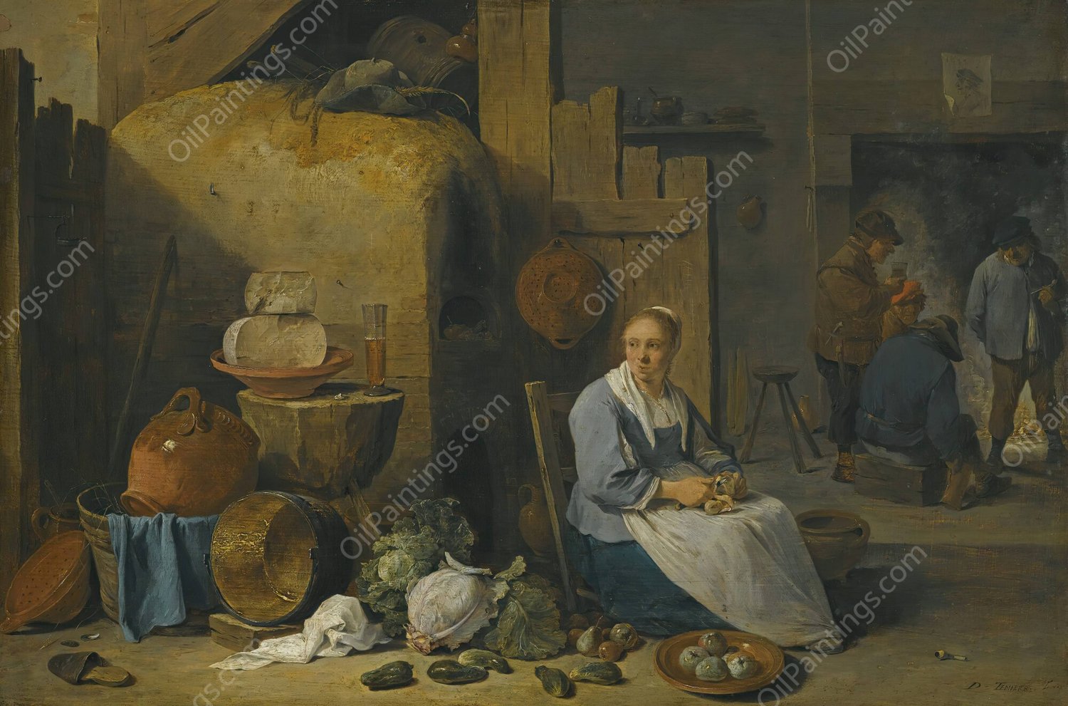 A Barn Interior With A Maid Preparing Vegetables  by David Teniers The Younger - Hand-Painted Oil Painting Reproduction