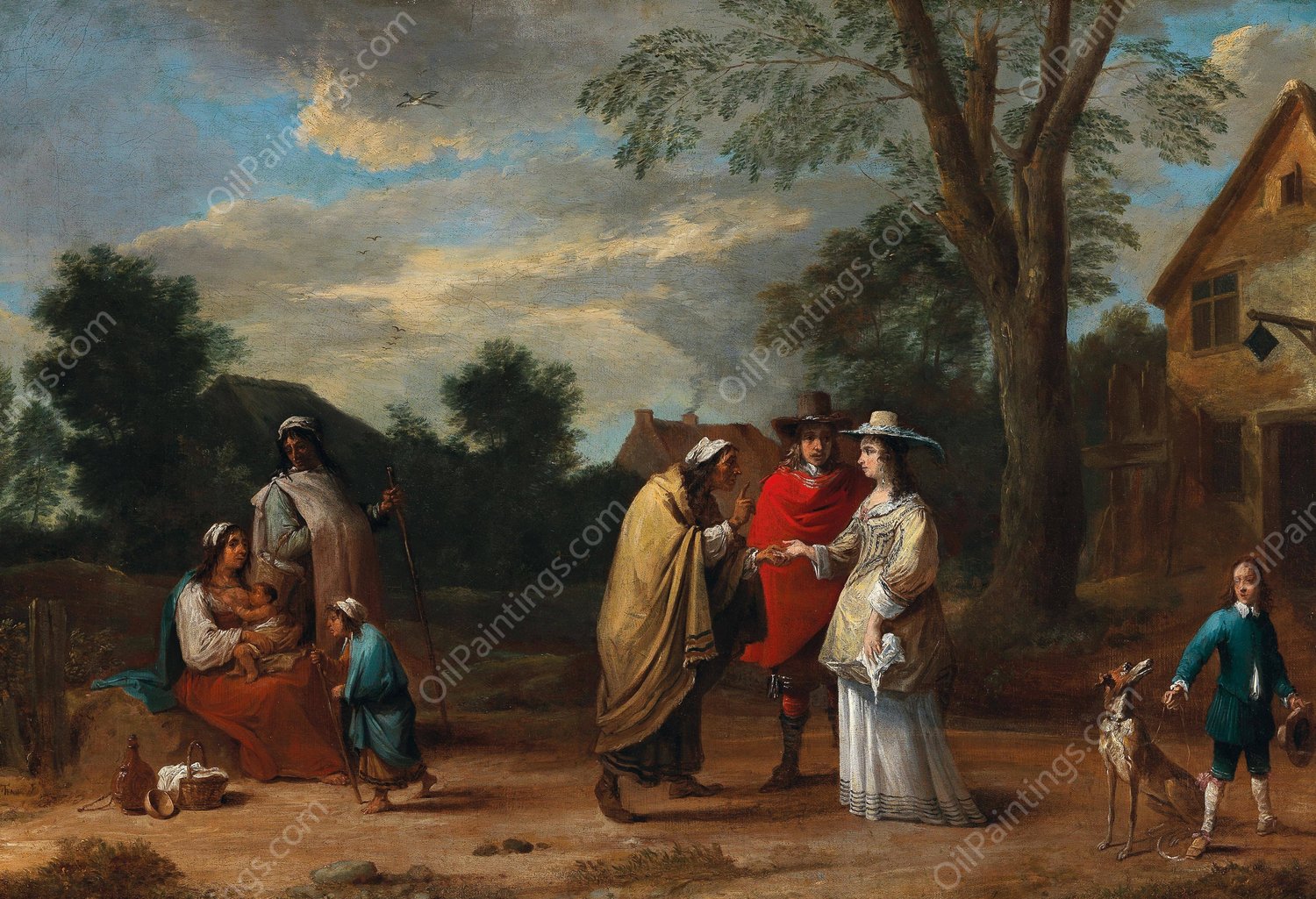 An Elegant Couple Meeting A Fortune Teller by David Teniers The Younger - Hand-Painted Oil Painting Reproduction