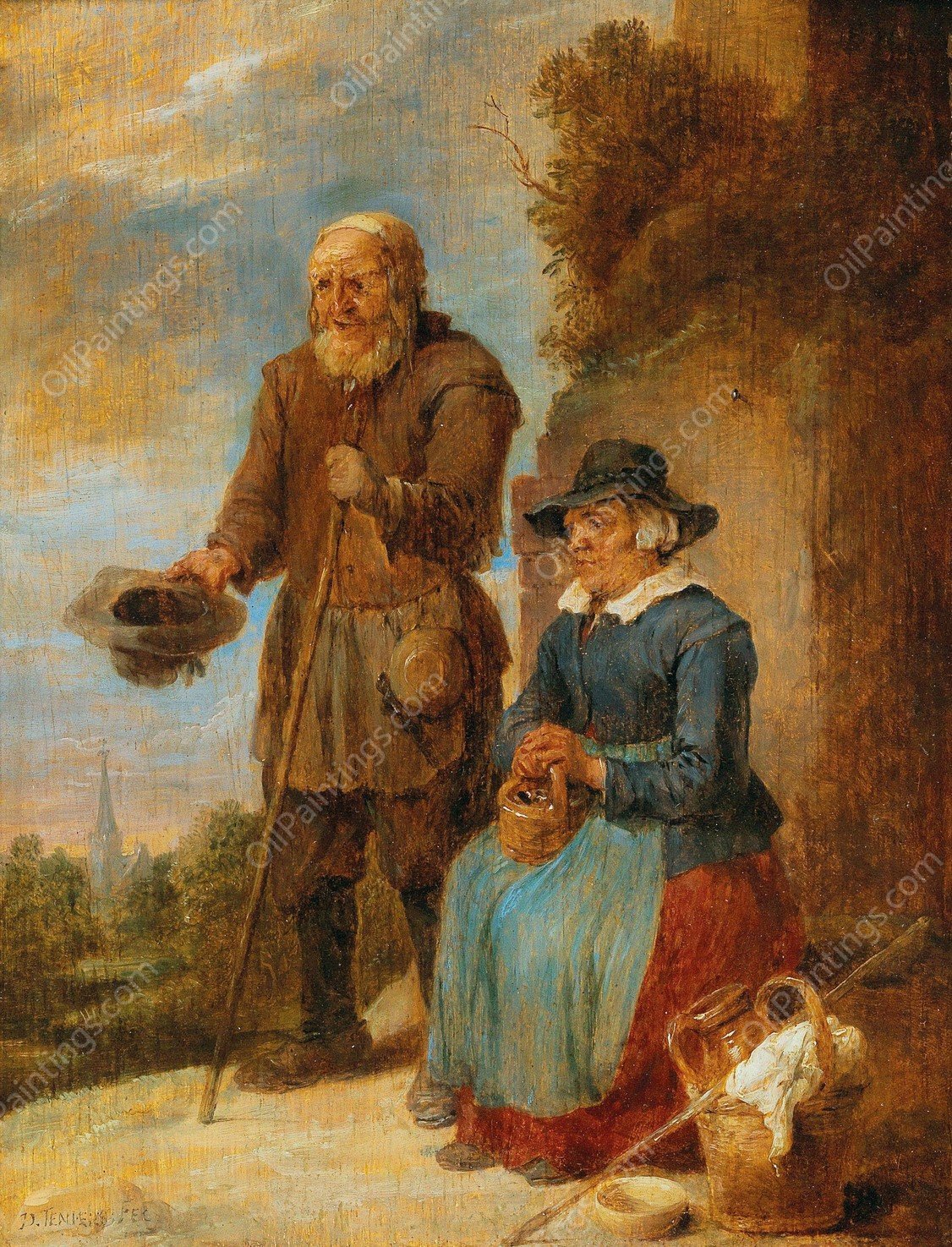 An Old Couple Begging On The Street by David Teniers The Younger - Hand-Painted Oil Painting Reproduction