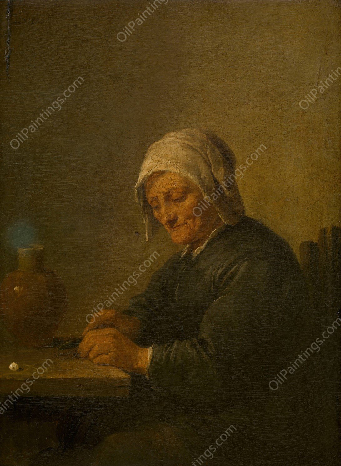 An Old Woman Cutting Tobacco by David Teniers The Younger - Hand-Painted Oil Painting Reproduction