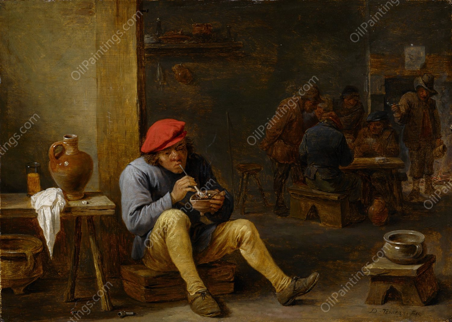Farmer in a Tavern, Lighting his Pipe by David Teniers The Younger - Hand-Painted Oil Painting Reproduction