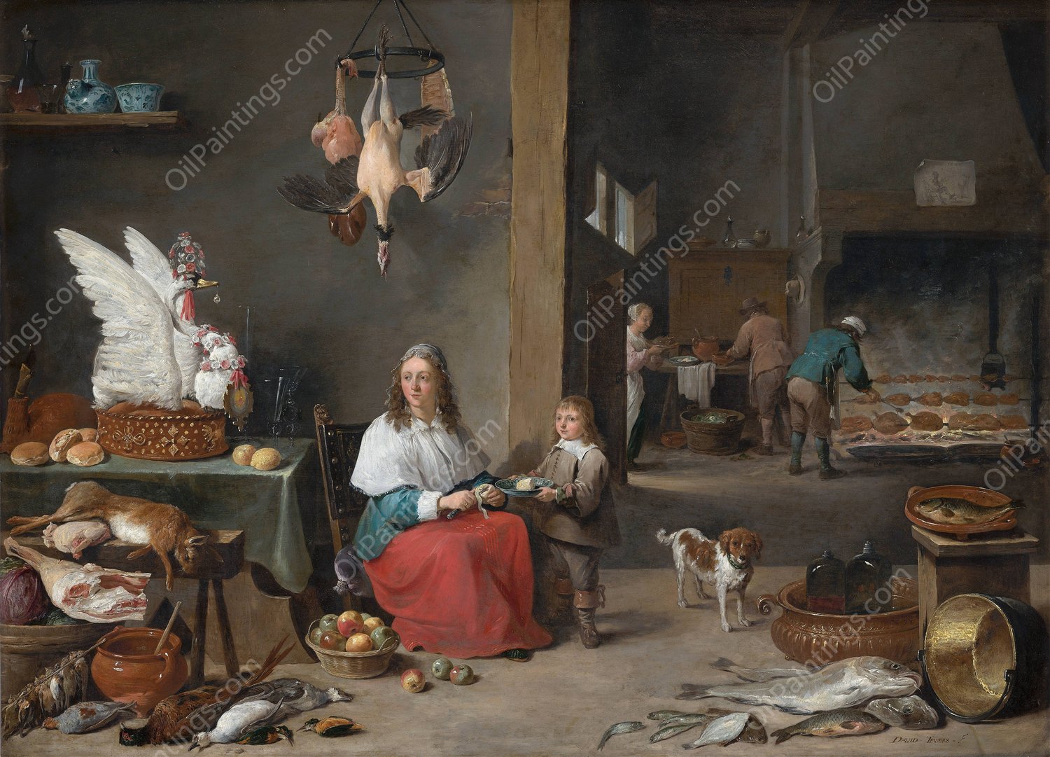 Kitchen Interior  by David Teniers The Younger - Hand-Painted Oil Painting Reproduction