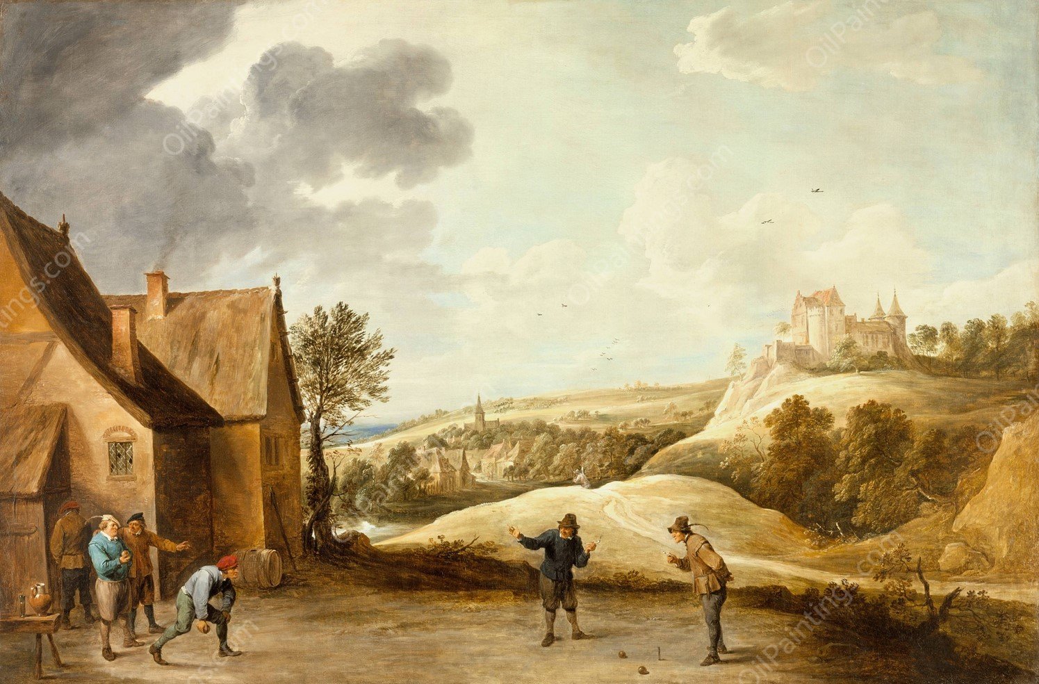 Landscape with Peasants Playing Bowls Outside an Inn  by David Teniers The Younger - Hand-Painted Oil Painting Reproduction