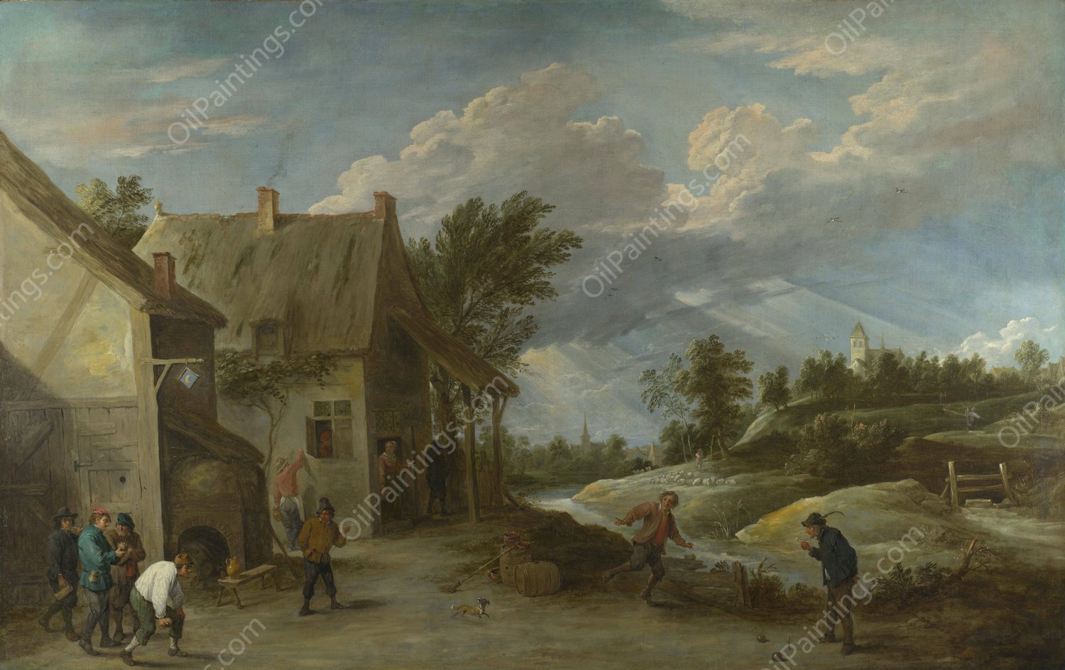 Peasants playing Bowls outside a Village Inn   by David Teniers The Younger - Hand-Painted Oil Painting Reproduction