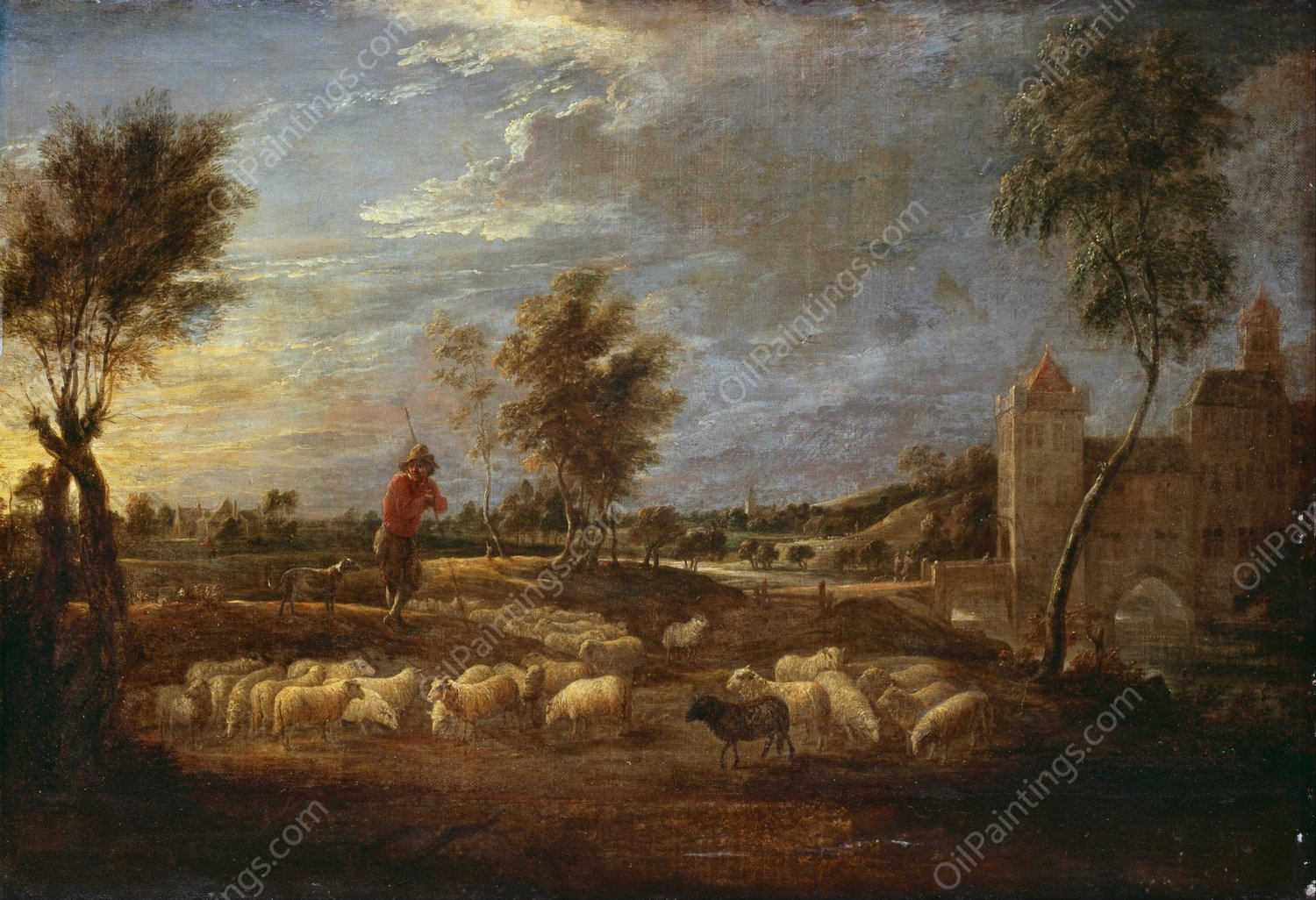 Sunset Landscape with a Shepherd and his Flock by David Teniers The Younger - Hand-Painted Oil Painting Reproduction