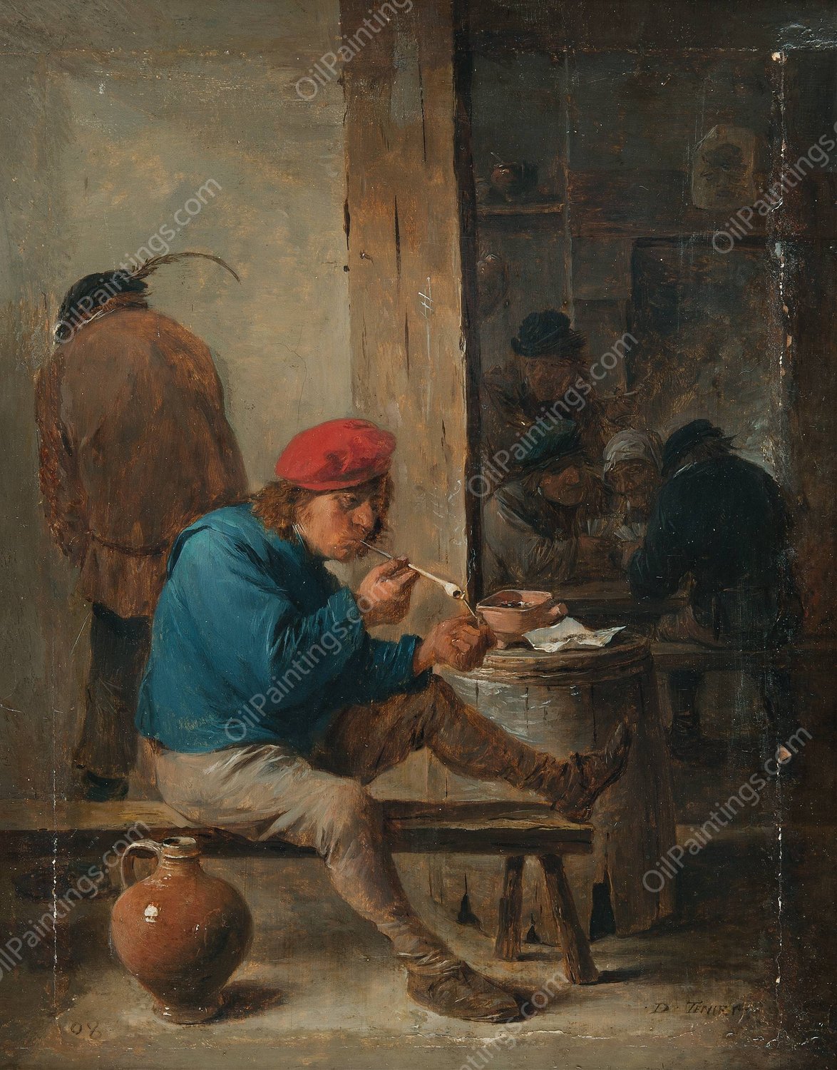 Tavern Scene with Smokers  by David Teniers The Younger - Hand-Painted Oil Painting Reproduction