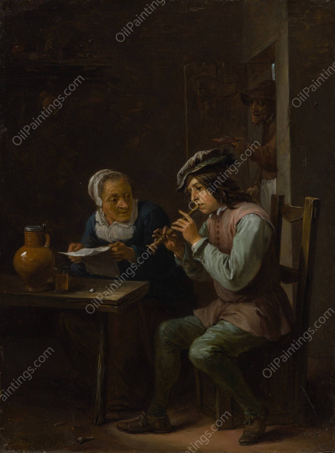 The Flageolet Player  by David Teniers The Younger - Hand-Painted Oil Painting Reproduction