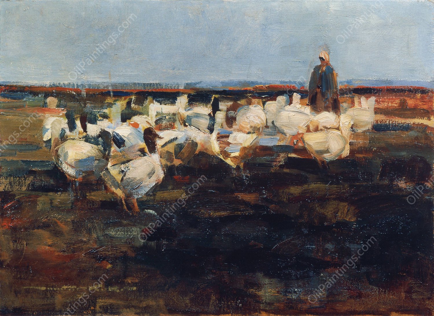 Ganseherde auf der Weide  by Demeter Koko - Hand-Painted Oil Painting Reproduction