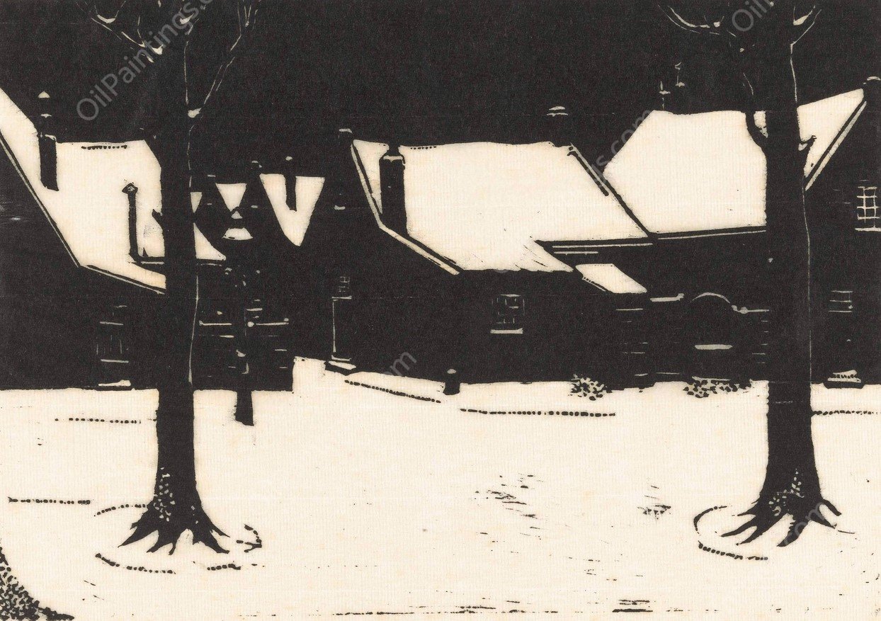 Besneeuwd plein met twee bomen  by Dick Ket - Hand-Painted Oil Painting Reproduction