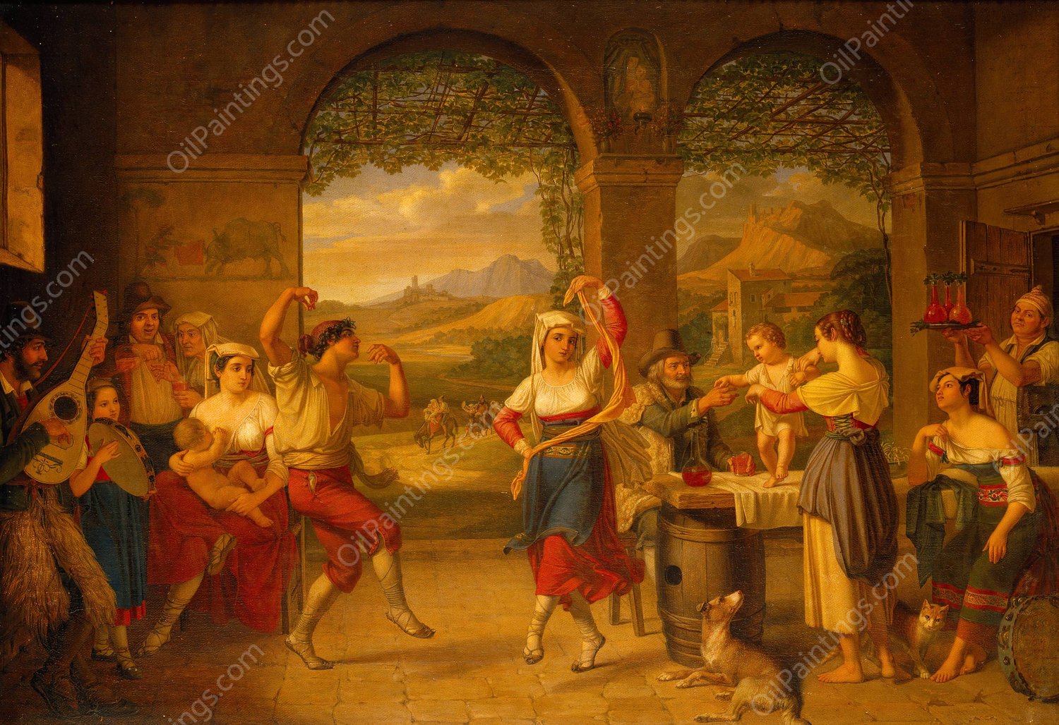 A Saltarello Being Danced In A Roman Osteria  by Dietrich Wilhelm Lindau - Hand-Painted Oil Painting Reproduction