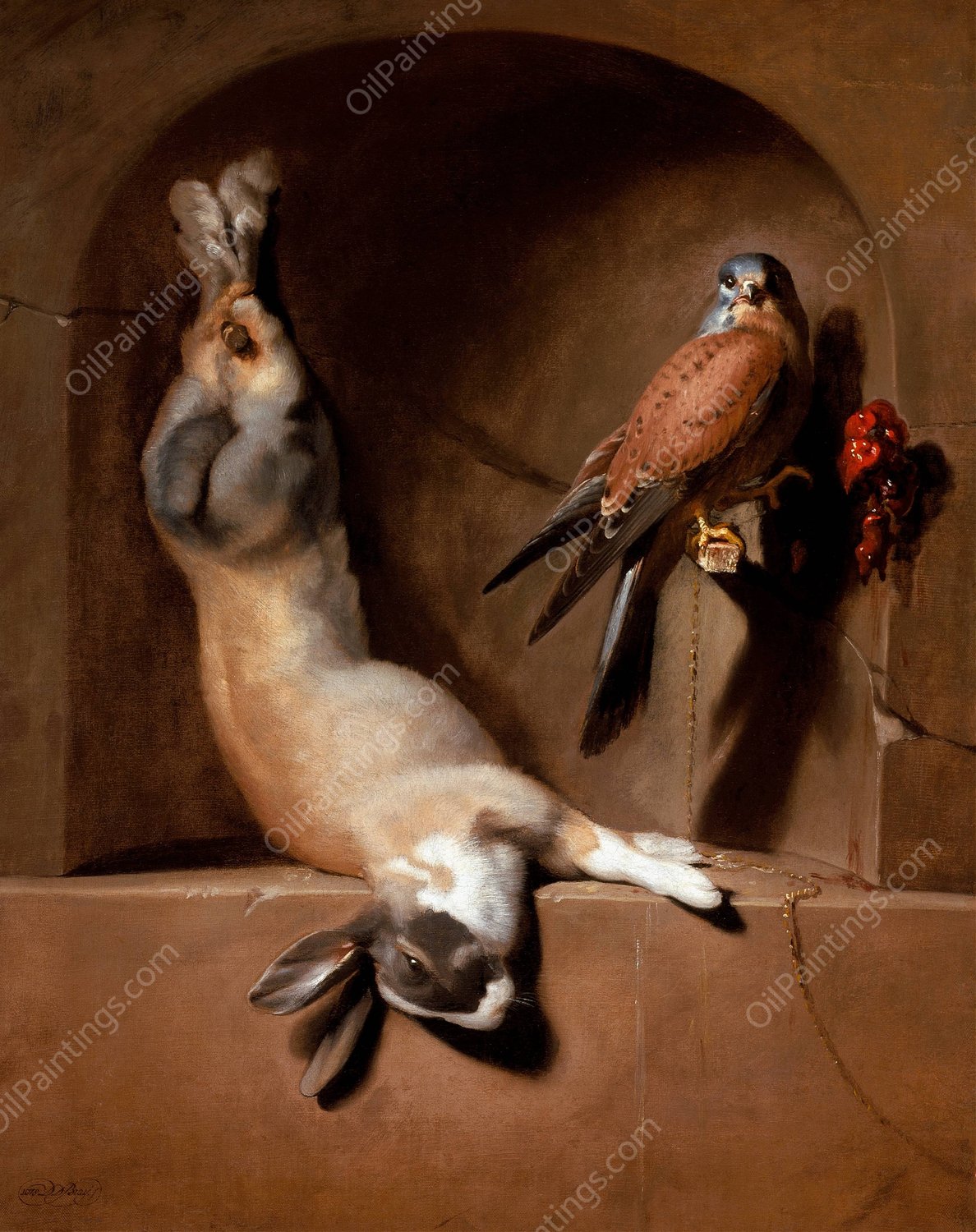 Still Life with Dead Hare and Falcon in a Niche  by Dirck De Bray - Hand-Painted Oil Painting Reproduction