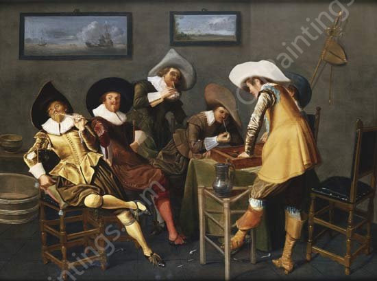 Gentlemen Smoking and Playing Backgammon in an Interior by Dirck Hals - Hand-Painted Oil Painting Reproduction