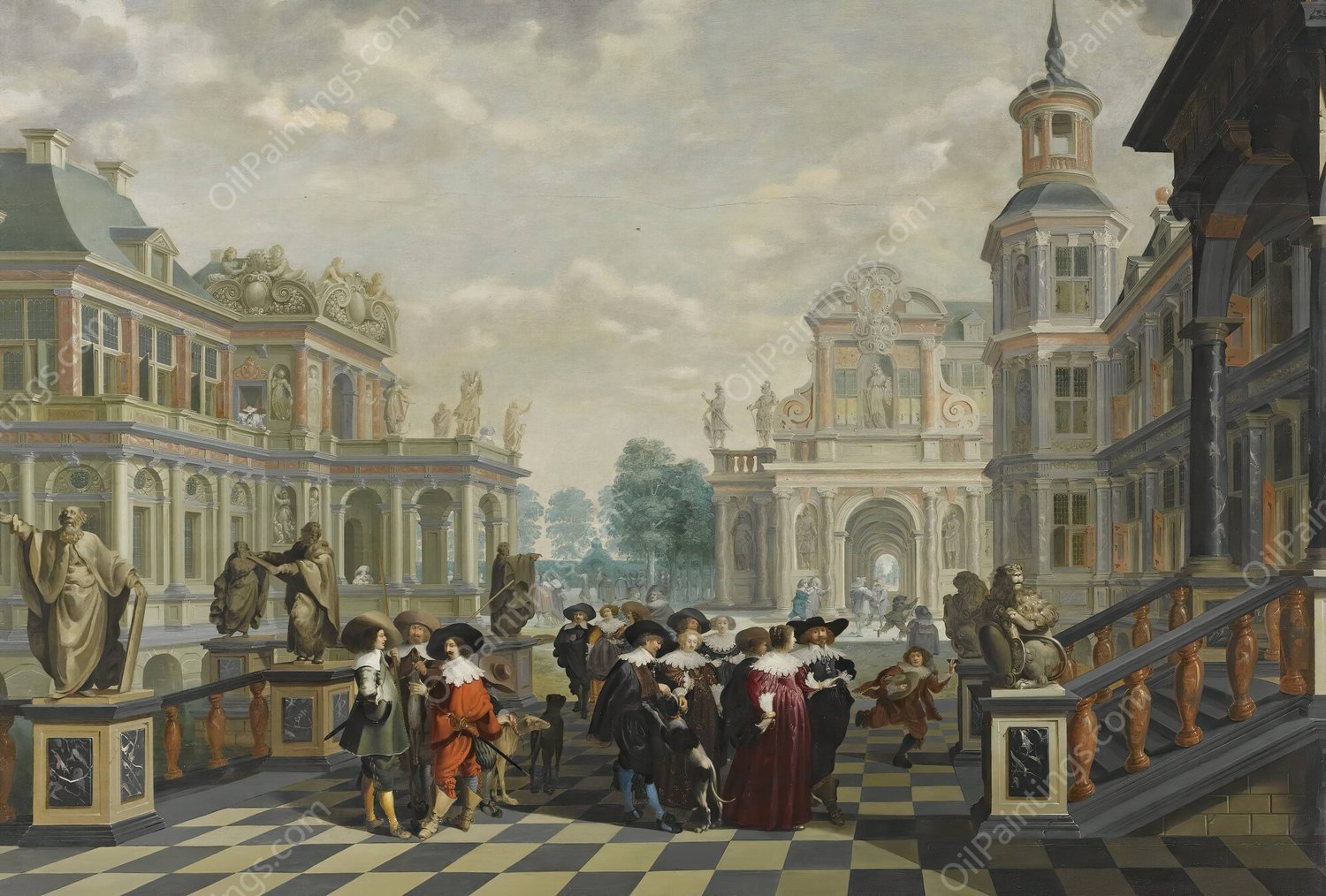 An Elaborate Palace Courtyard With Elegant Company Proceeding Towards A Great Staircase by Dirck Van Delen - Hand-Painted Oil Painting Reproduction