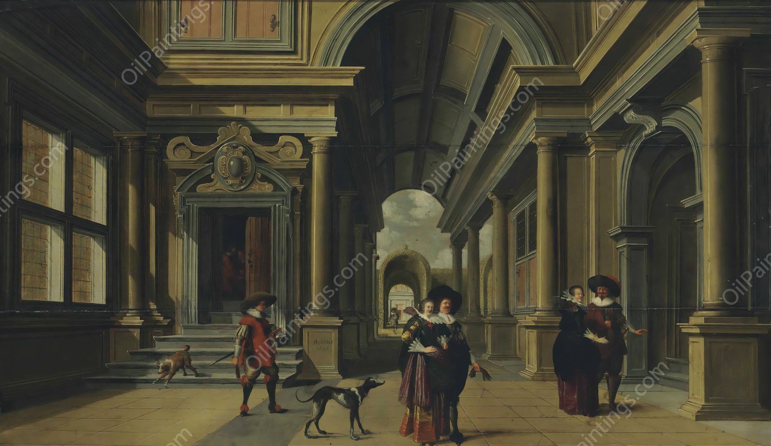 Elegant figures in a courtyard  by Dirck Van Delen - Hand-Painted Oil Painting Reproduction