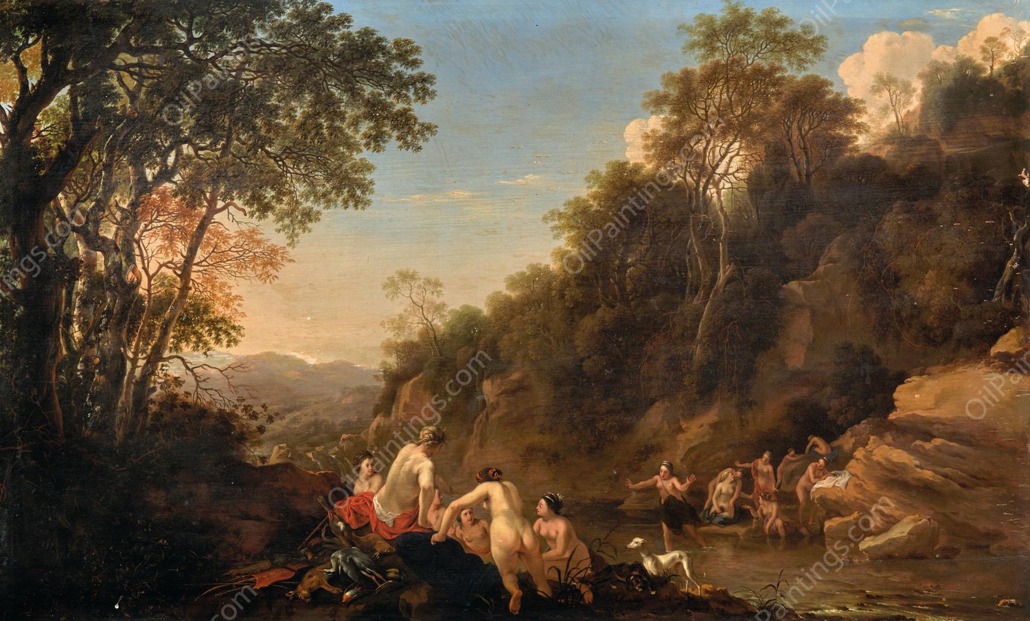 Nymphs in a Landscape by Dirck Van Der Lisse - Hand-Painted Oil Painting Reproduction