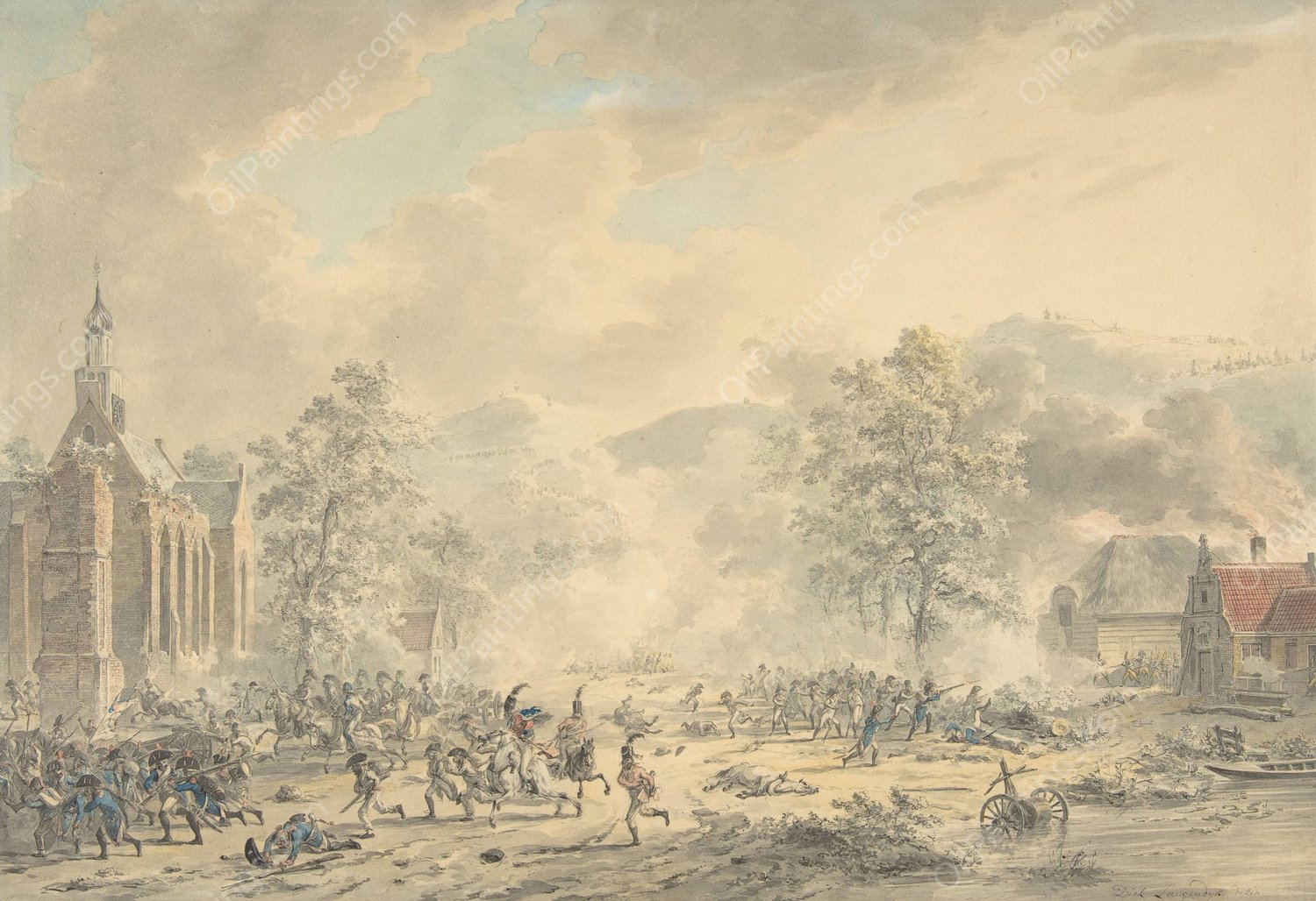 Battle Scene with Church at left  by Dirk Langendijk - Hand-Painted Oil Painting Reproduction