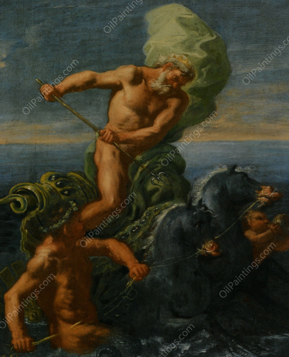Neptune and his Chariot of Horses by Domenico Antonio Vaccaro - Hand-Painted Oil Painting Reproduction