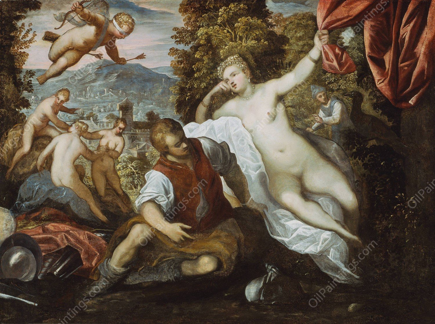 Venus and Mars with Cupid and the Three Graces in a Landscape  by Domenico Tintoretto - Hand-Painted Oil Painting Reproduction