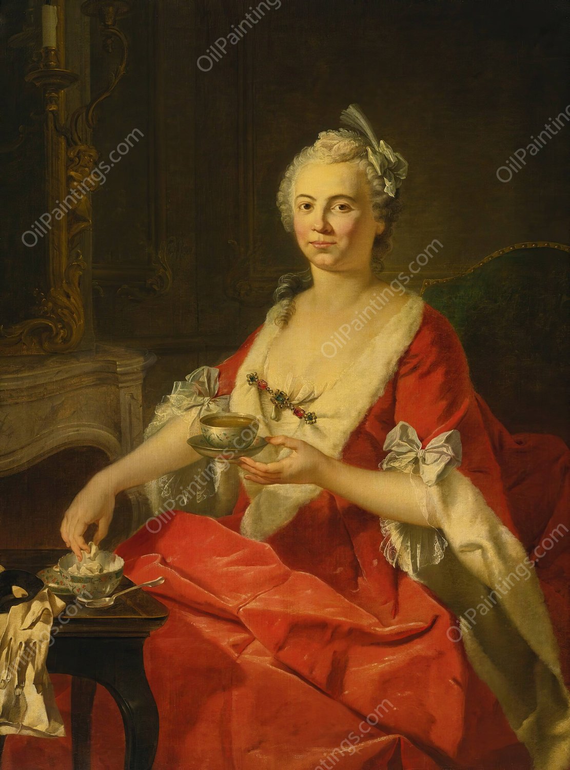 Portrait of a woman taking tea by Donat Nonnotte - Hand-Painted Oil Painting Reproduction