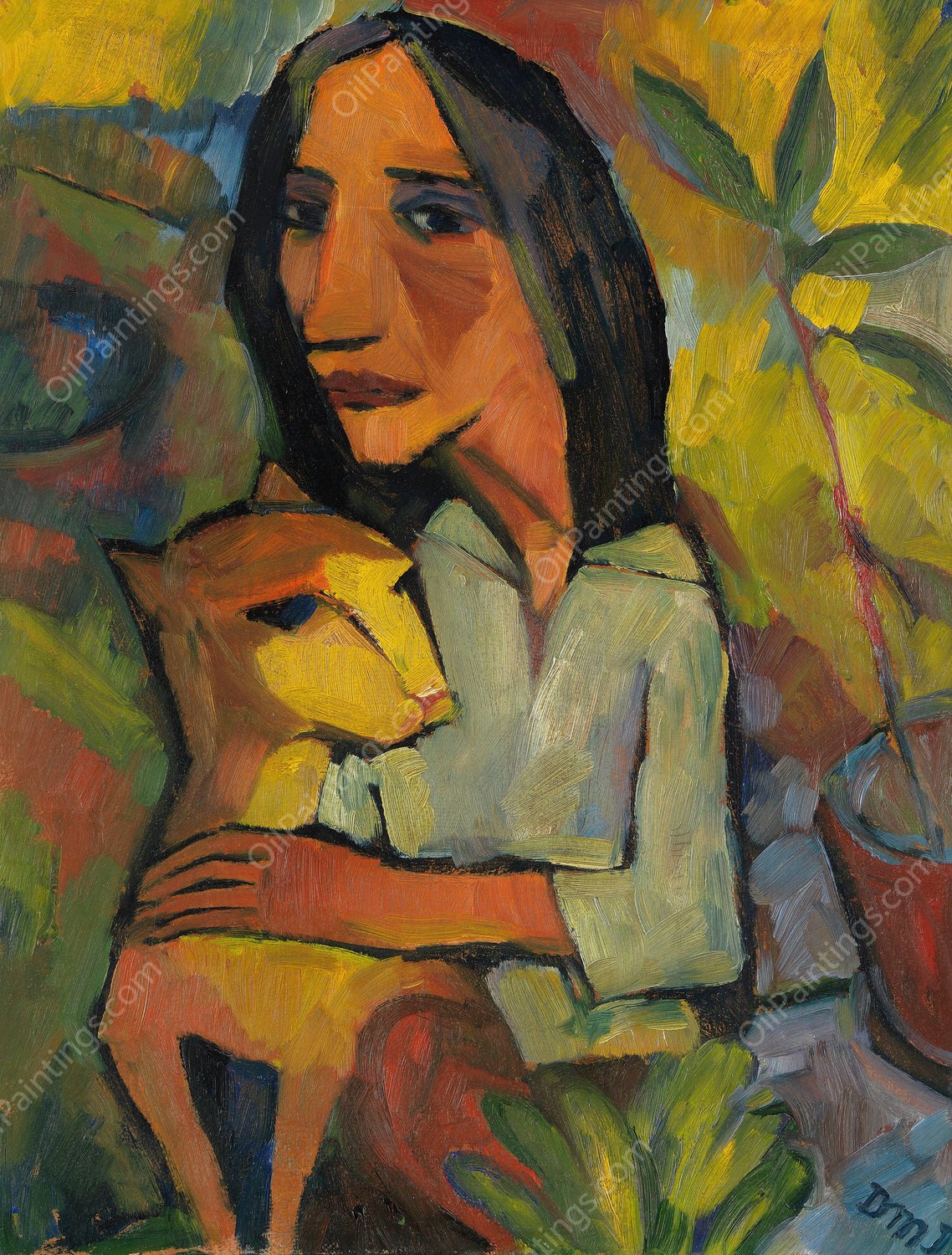 Junge Frau mit Katze  by Dorothea Maetzel-Johannsen - Hand-Painted Oil Painting Reproduction