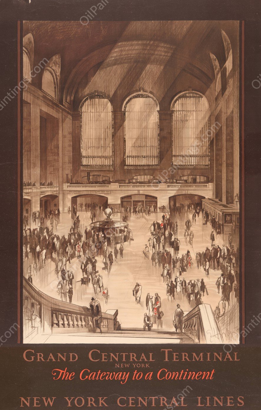 Grand Central Terminal, New York - the gateway to a continent New York Central Lines.  by Earl Horter - Hand-Painted Oil Painting Reproduction