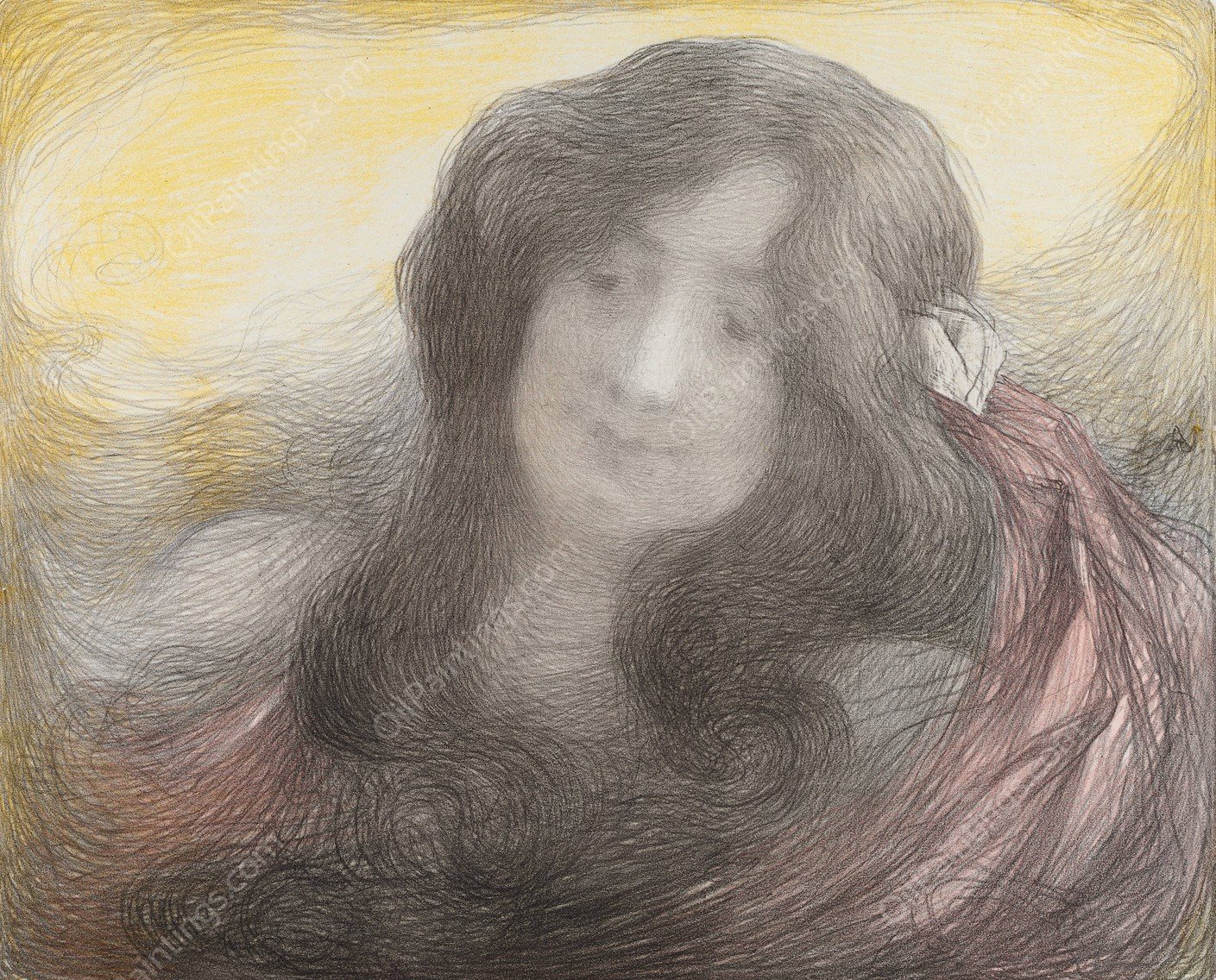 Girl with Long Hair  by Edmond Francois Aman-Jean - Hand-Painted Oil Painting Reproduction