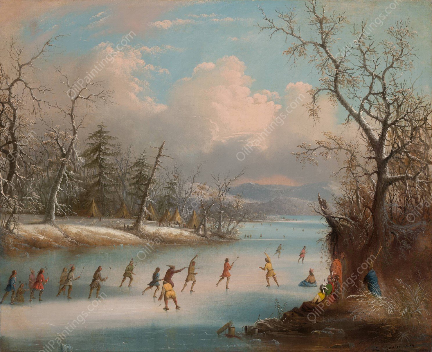 Indians Playing Lacrosse on the Ice  by Edmund C. Coates - Hand-Painted Oil Painting Reproduction