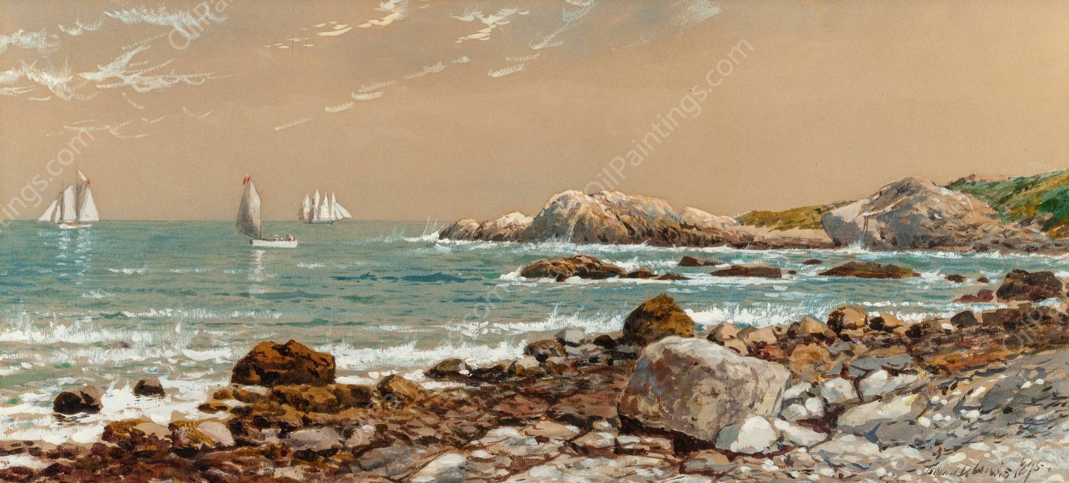 Ships at Sea on a Rocky Coast  by Edmund Darch Lewis - Hand-Painted Oil Painting Reproduction