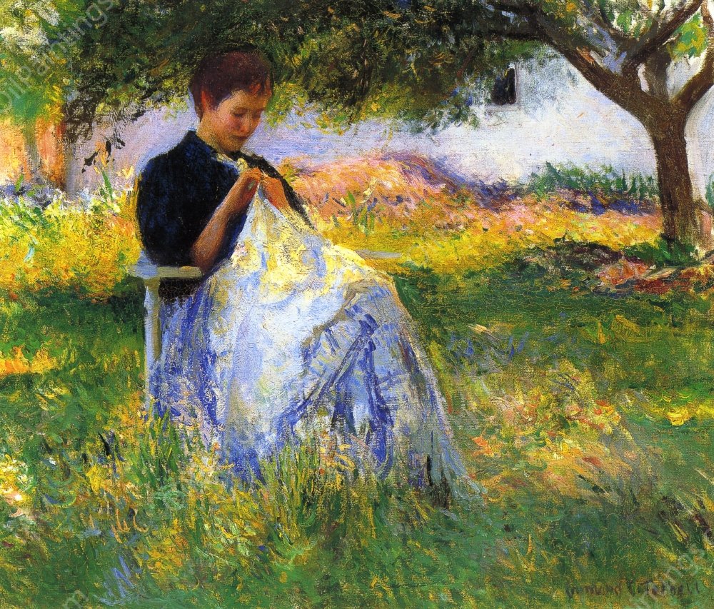A Girl Sewing in an Orchard by Edmund Tarbell - Hand-Painted Oil Painting Reproduction